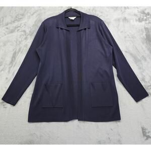 Exclusively Misook Sweater Womens M Blue‎ Collared Cardigan Open Front Pockets